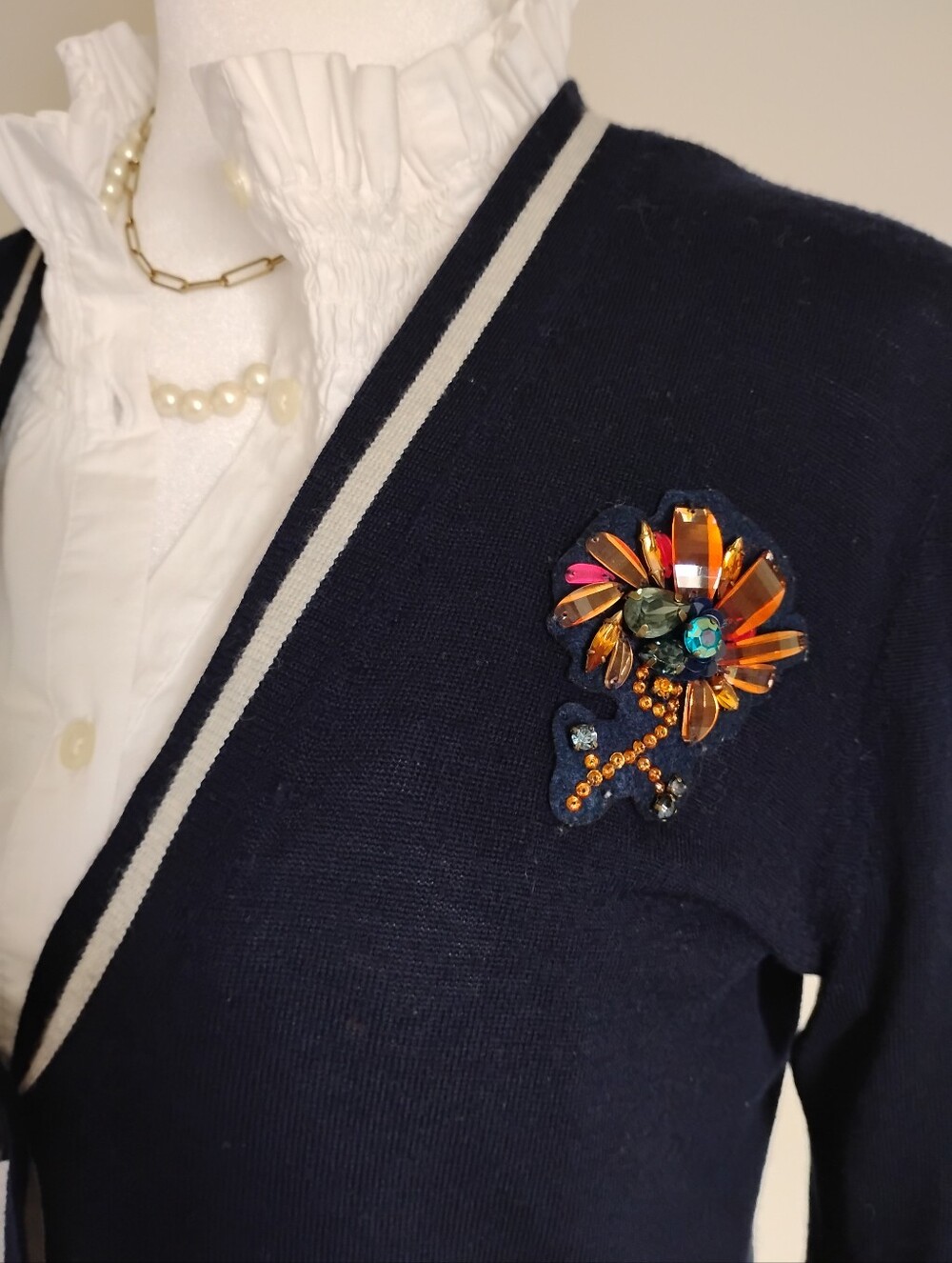 J. Crew Vintage 2016 Merino Wool Cardigan Sweater Navy Blue Sequins Flower Sz S